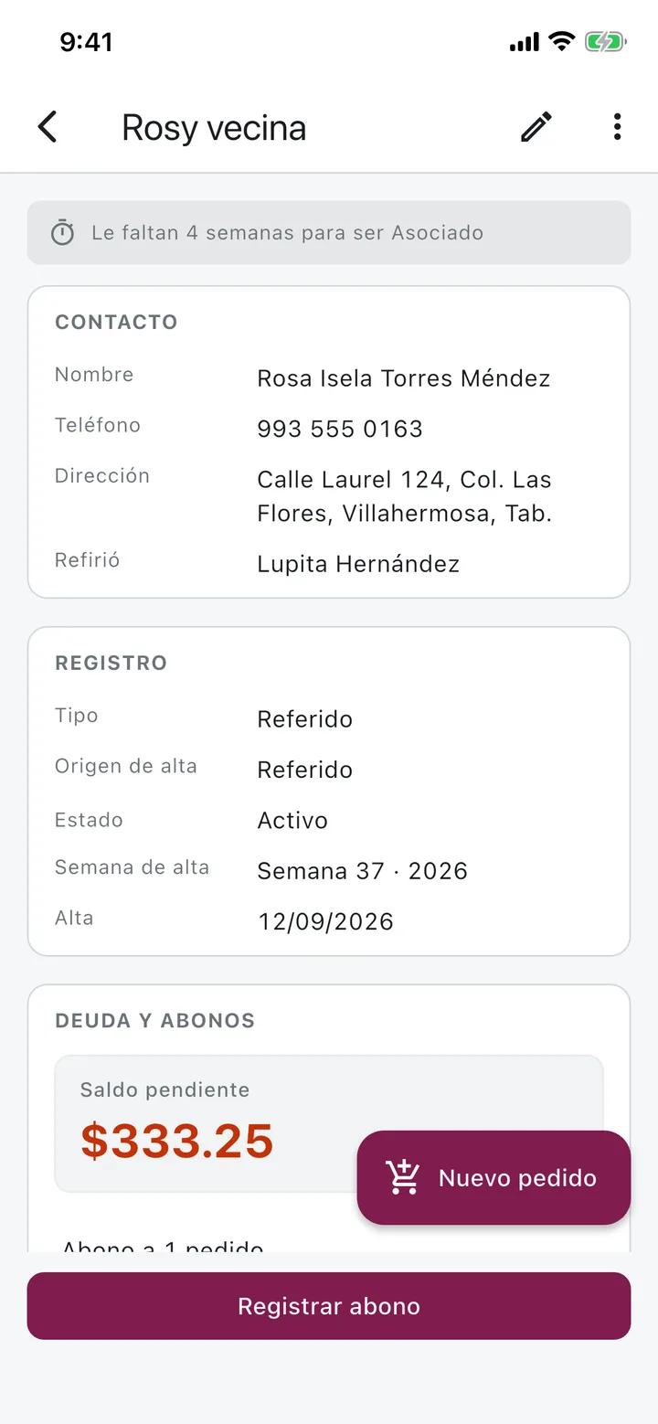 Ficha de una clienta referida: le faltan 4 semanas para ser Asociado